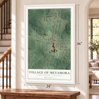 Metamora, Michigan map, 24 x 36 inch print in a white frame by a staircase