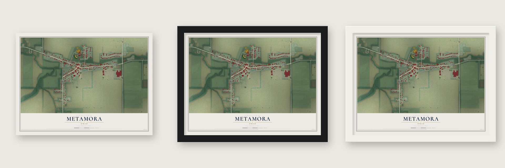Metamora, Ohio map unframed, in a black wood frame and in a white wood frame