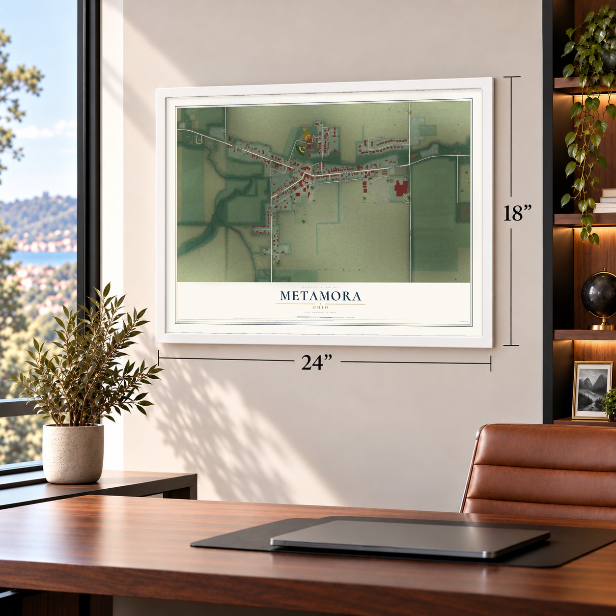 Metamora, Ohio map, 18 x 24 inch print in a white frame in a home office