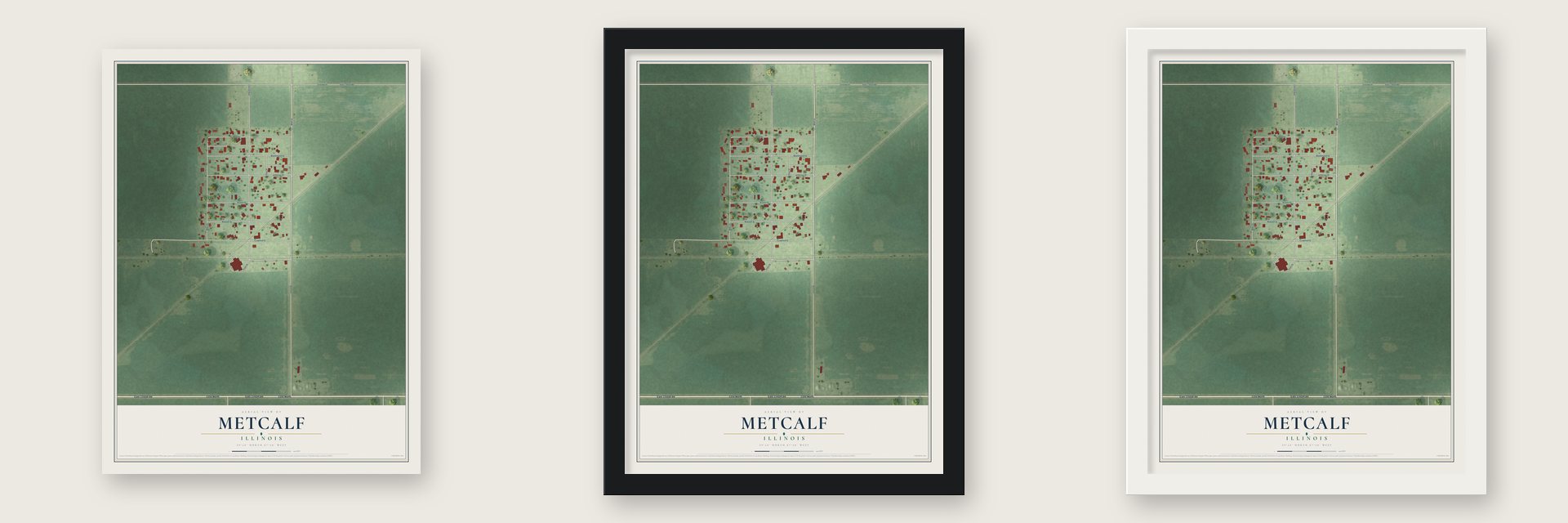 Metcalf, Illinois map unframed, in a black wood frame and in a white wood frame