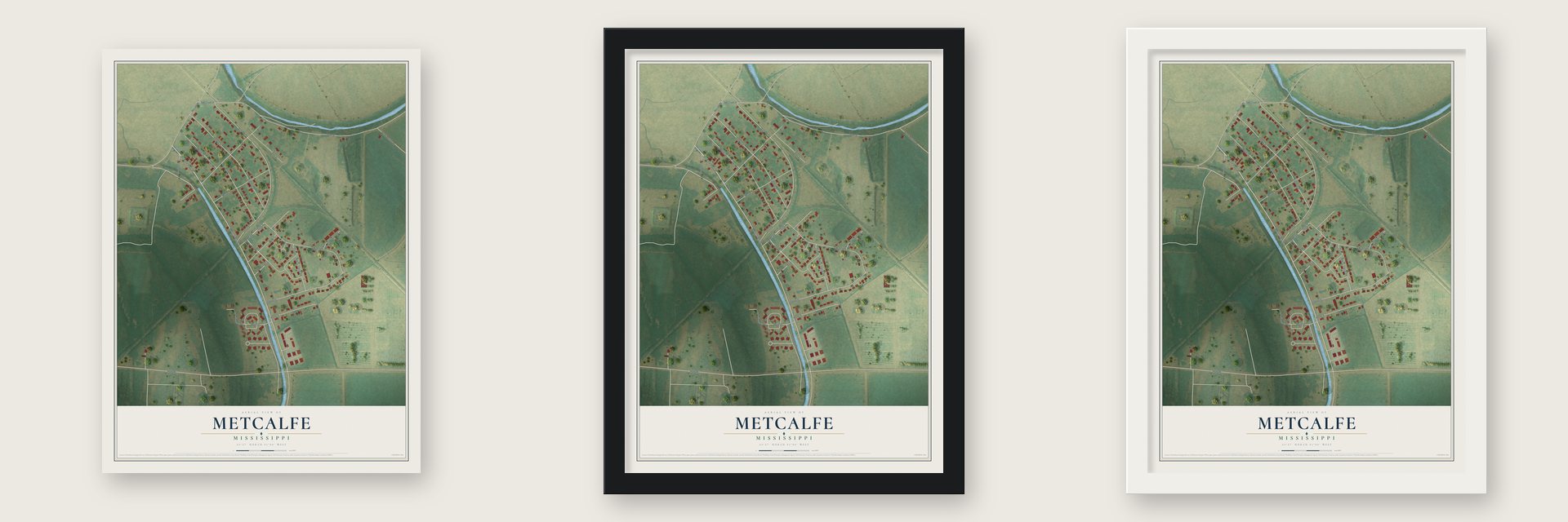 Metcalfe, Mississippi map unframed, in a black wood frame and in a white wood frame