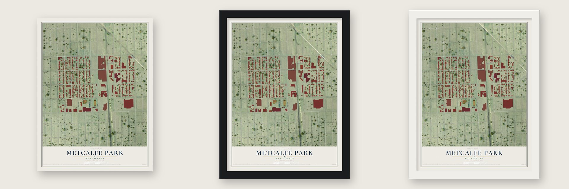 Metcalfe Park, Wisconsin map unframed, in a black wood frame and in a white wood frame