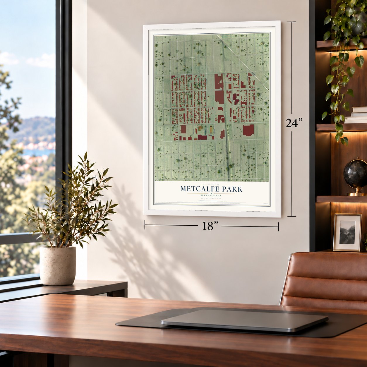 Metcalfe Park, Wisconsin map, 18 x 24 inch print in a white frame in a home office