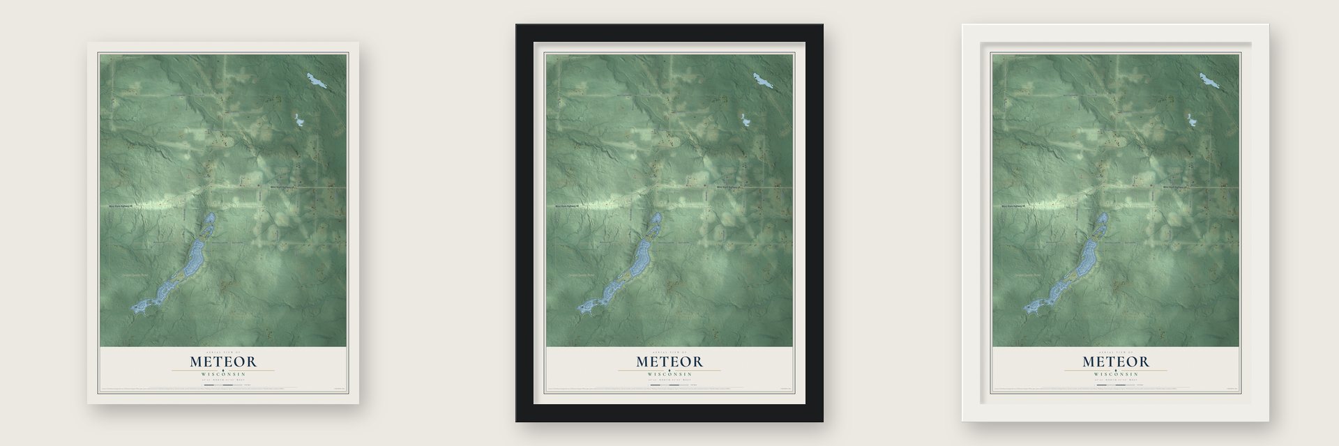 Meteor, Wisconsin map unframed, in a black wood frame and in a white wood frame