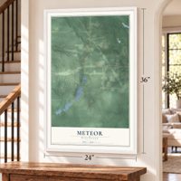 Meteor, Wisconsin map, 24 x 36 inch print in a white frame by a staircase
