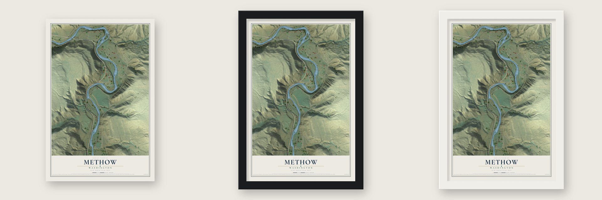 Methow, Washington map unframed, in a black wood frame and in a white wood frame
