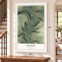 Methow, Washington map, 24 x 36 inch print in a white frame by a staircase
