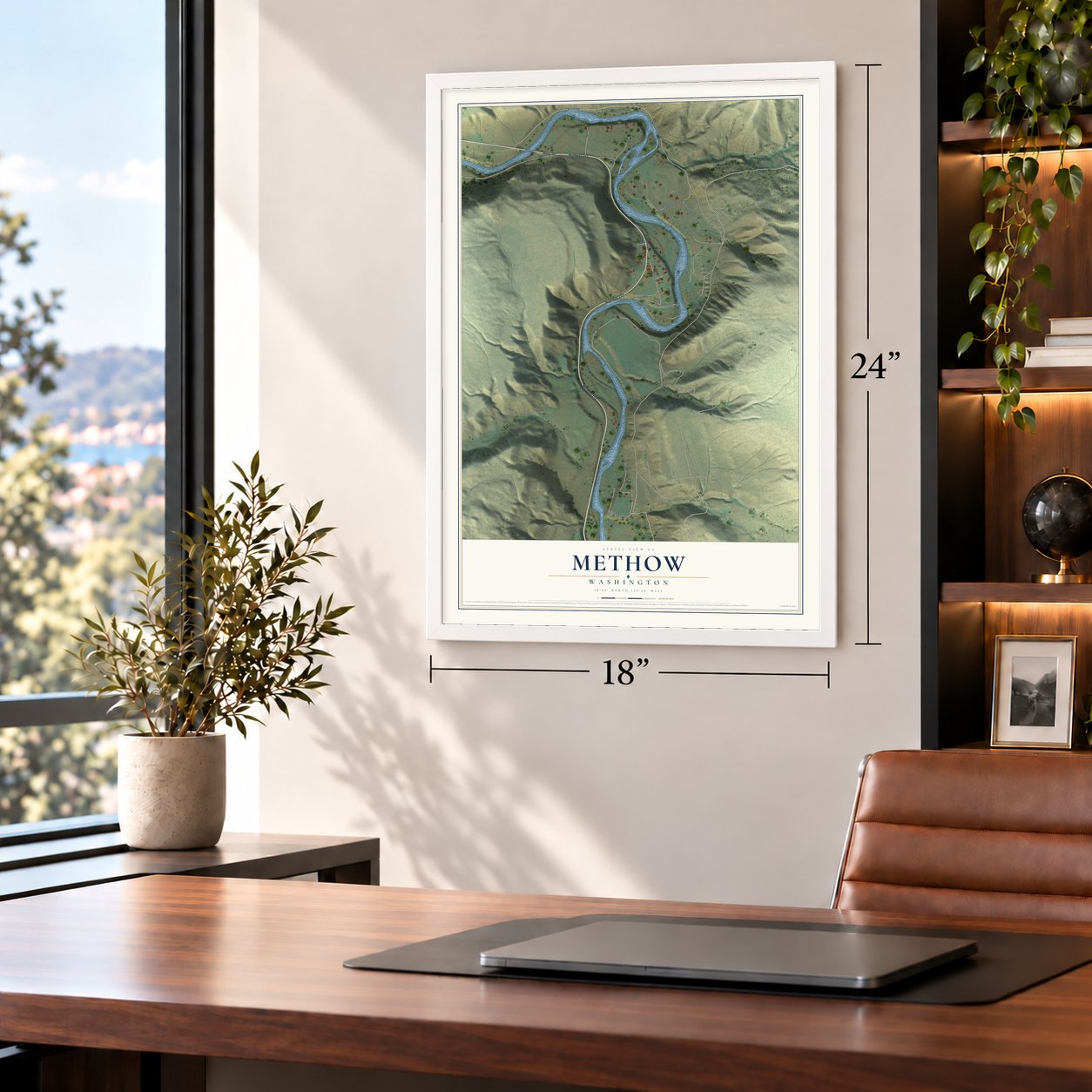 Methow, Washington map, 18 x 24 inch print in a white frame in a home office