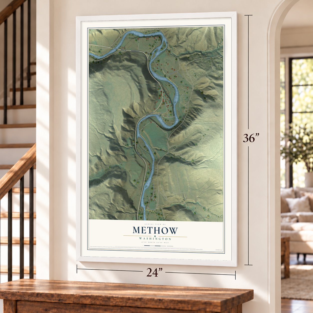 Methow, Washington map, 24 x 36 inch print in a white frame by a staircase
