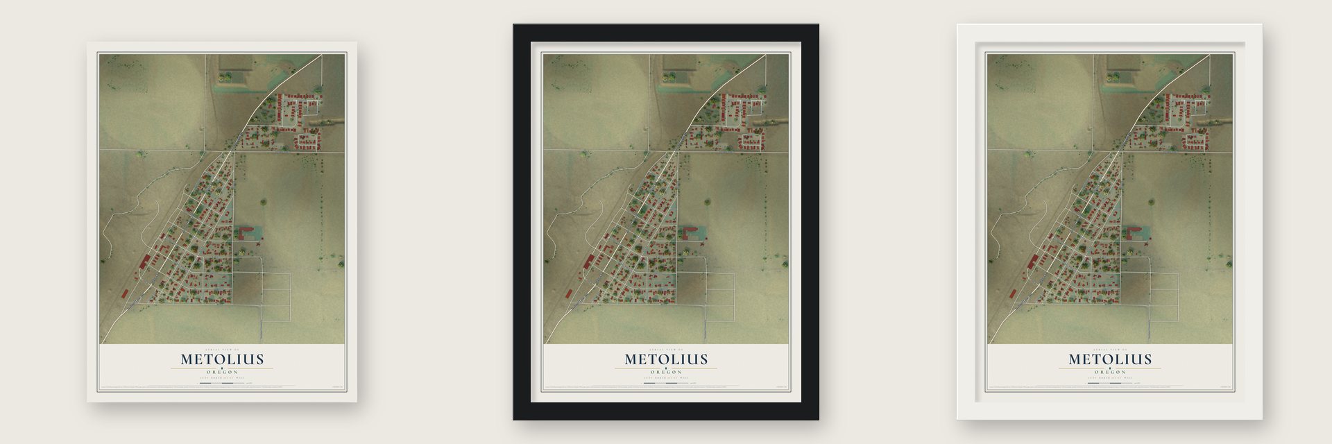 Metolius, Oregon map unframed, in a black wood frame and in a white wood frame