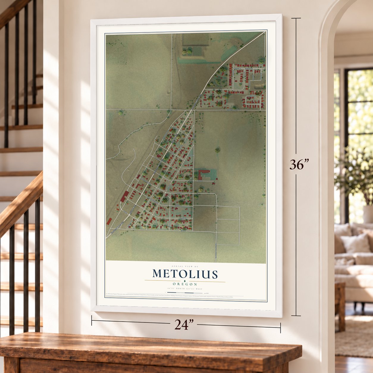 Metolius, Oregon map, 24 x 36 inch print in a white frame by a staircase