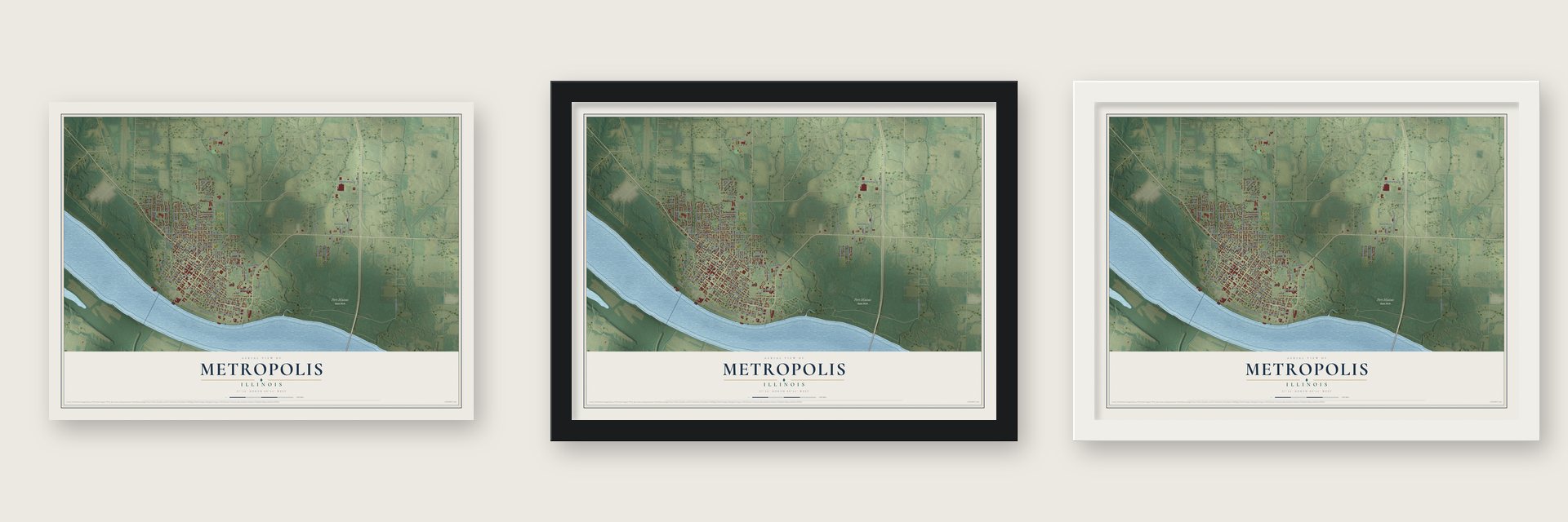 Metropolis, Illinois map unframed, in a black wood frame and in a white wood frame