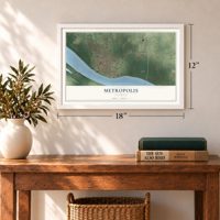 Metropolis, Illinois map, 12 x 18 inch print in a white frame in an entryway