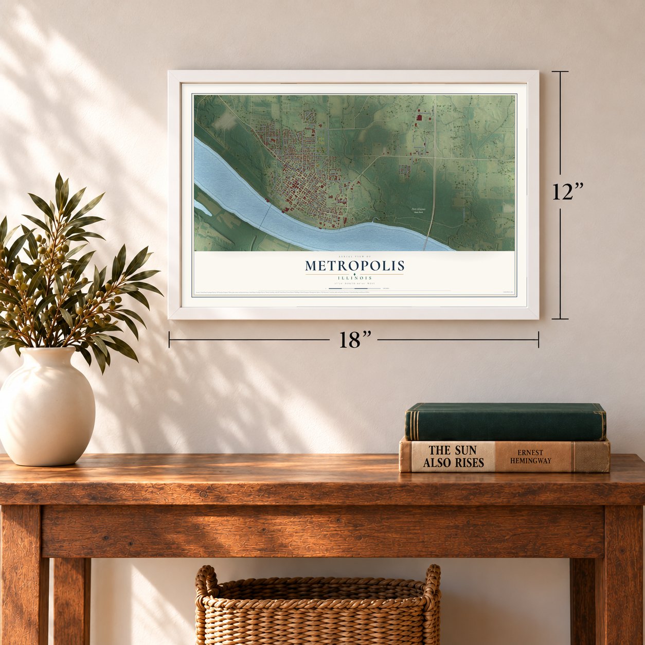 Metropolis, Illinois map, 12 x 18 inch print in a white frame in an entryway