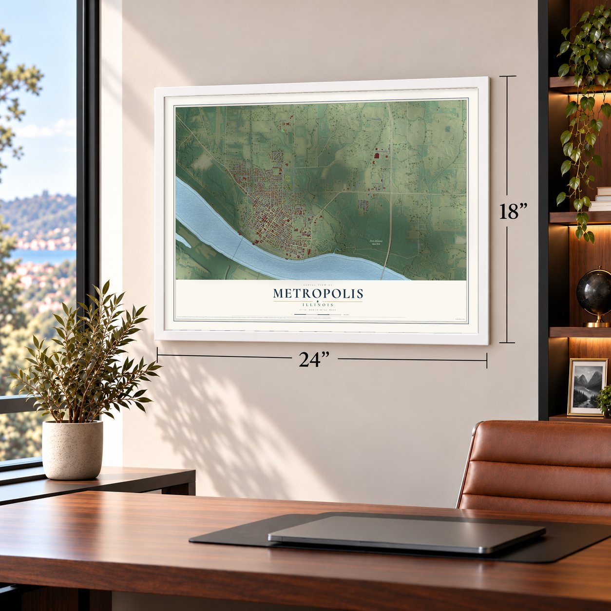 Metropolis, Illinois map, 18 x 24 inch print in a white frame in a home office