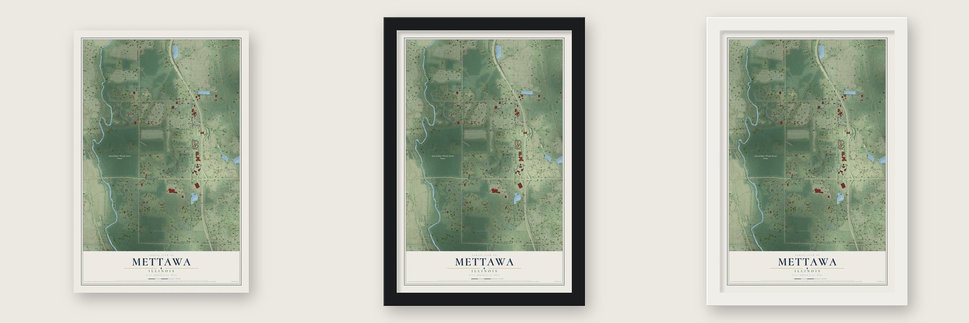 Mettawa, Illinois map unframed, in a black wood frame and in a white wood frame