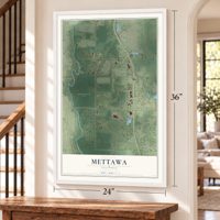 Mettawa, Illinois map, 24 x 36 inch print in a white frame by a staircase