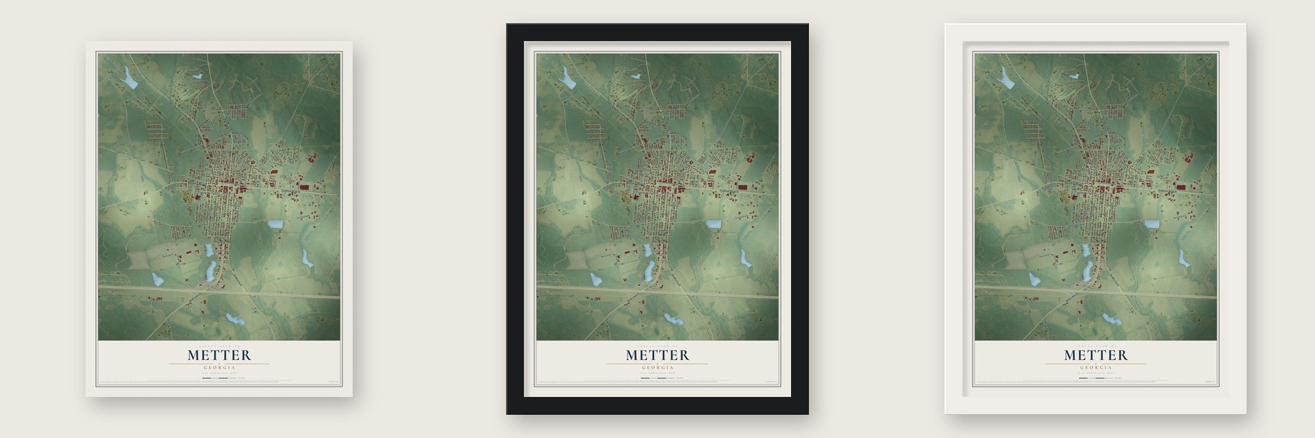 Metter, Georgia map unframed, in a black wood frame and in a white wood frame