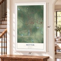 Metter, Georgia map, 24 x 36 inch print in a white frame by a staircase