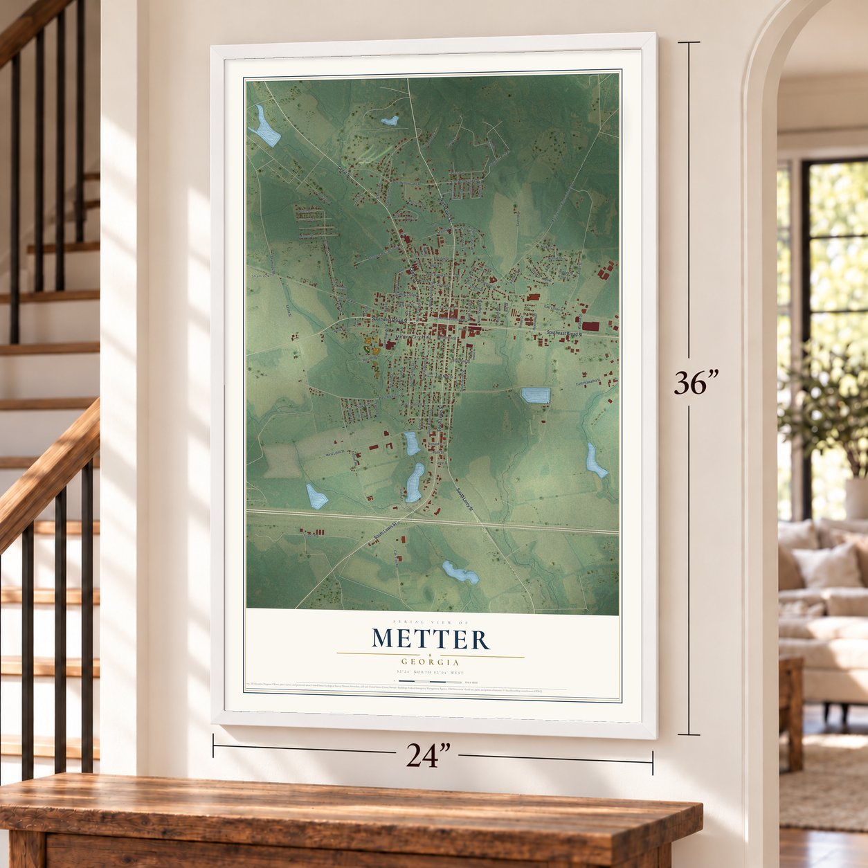 Metter, Georgia map, 24 x 36 inch print in a white frame by a staircase
