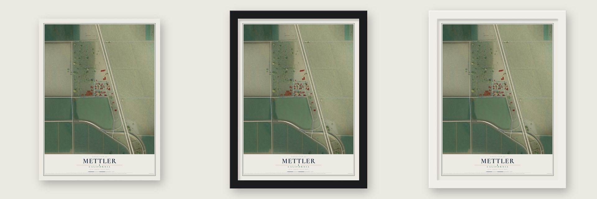 Mettler, California map unframed, in a black wood frame and in a white wood frame