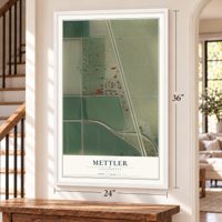 Mettler, California map, 24 x 36 inch print in a white frame by a staircase