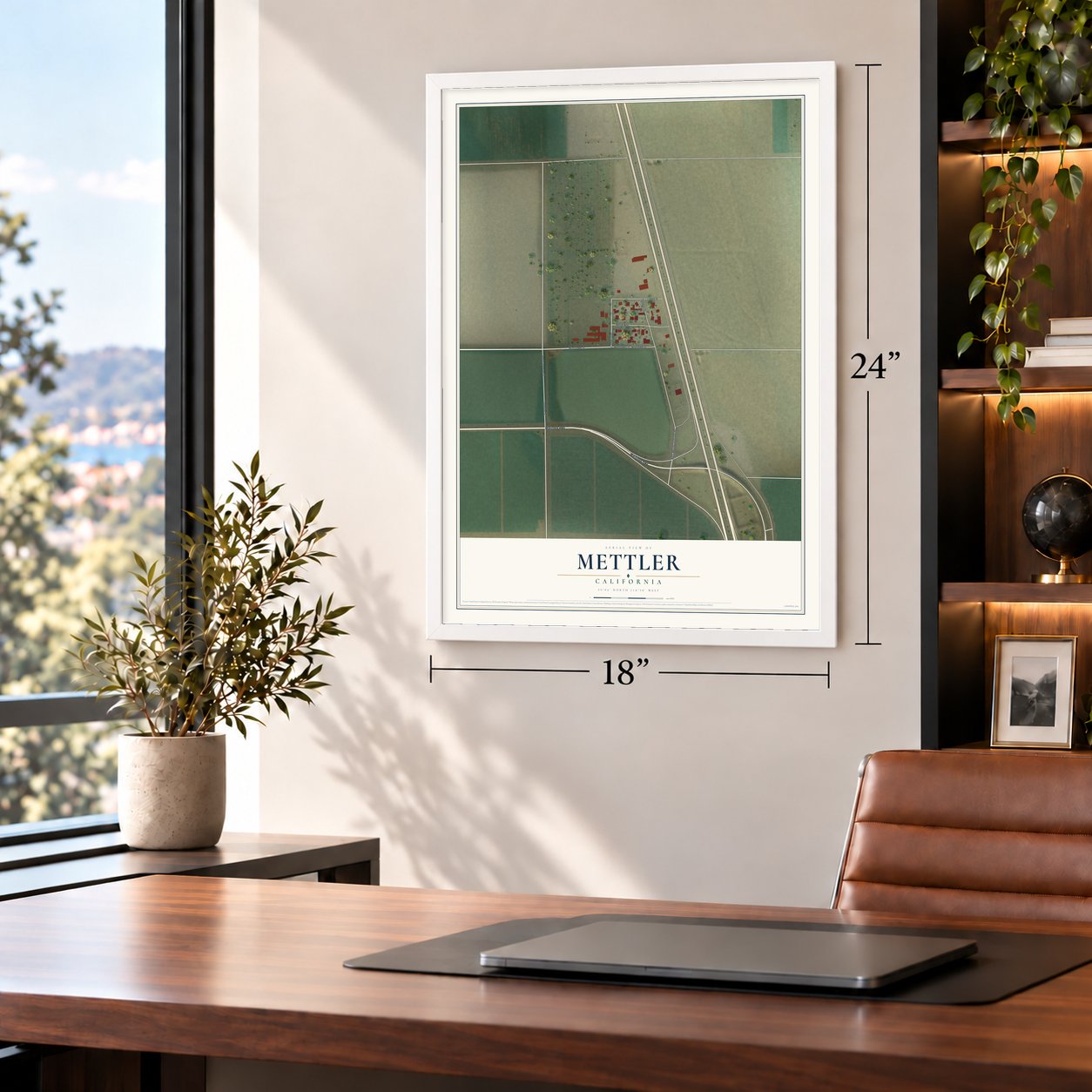 Mettler, California map, 18 x 24 inch print in a white frame in a home office