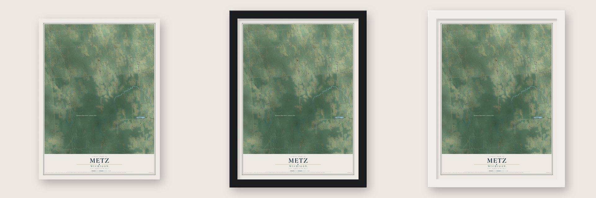 Metz, Michigan map unframed, in a black wood frame and in a white wood frame