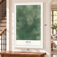 Metz, Michigan map, 24 x 36 inch print in a white frame by a staircase