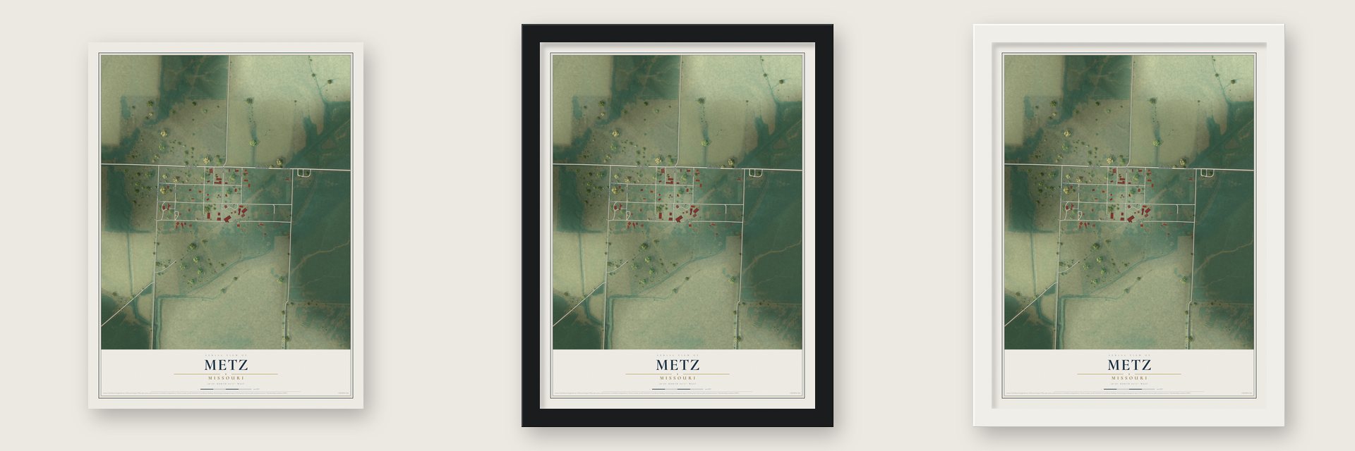Metz, Missouri map unframed, in a black wood frame and in a white wood frame