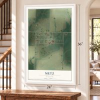 Metz, Missouri map, 24 x 36 inch print in a white frame by a staircase