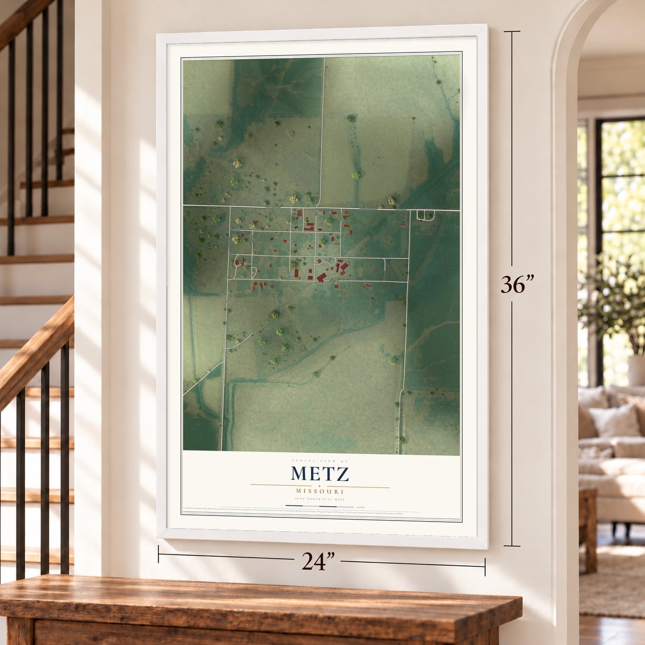 Metz, Missouri map, 24 x 36 inch print in a white frame by a staircase