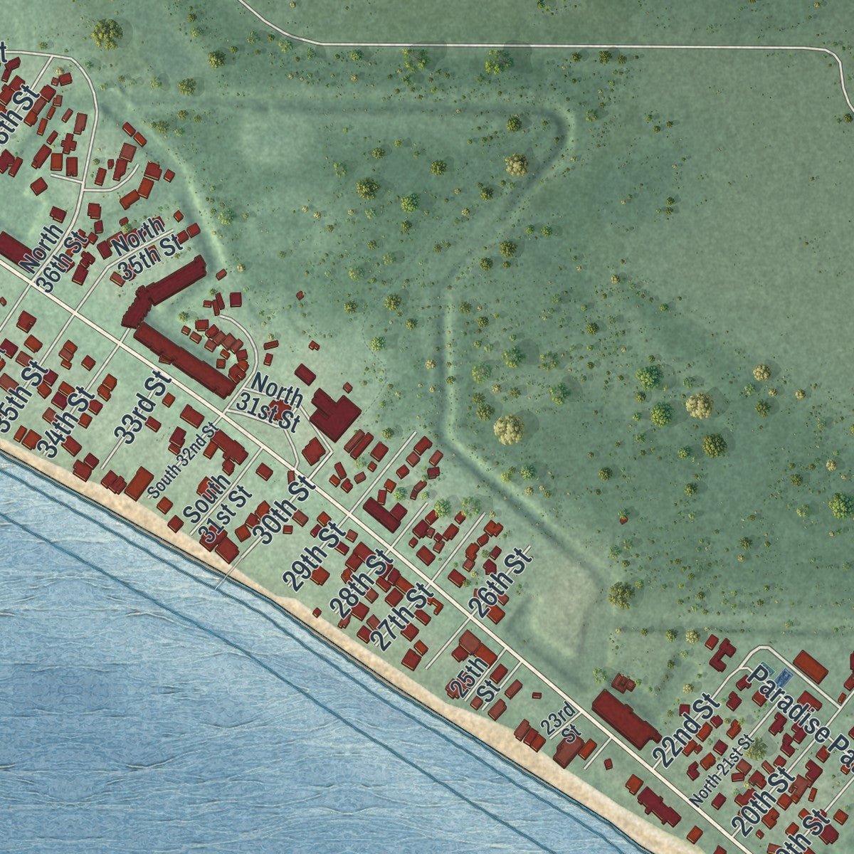Second close-up of the map of Mexico Beach, Florida print showing more streets and buildings