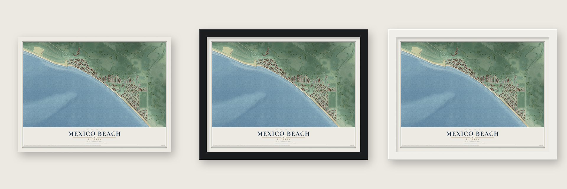 Mexico Beach, Florida map unframed, in a black wood frame and in a white wood frame