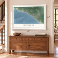 Mexico Beach, Florida map, 24 x 36 inch print in a white frame above a dresser by a staircase