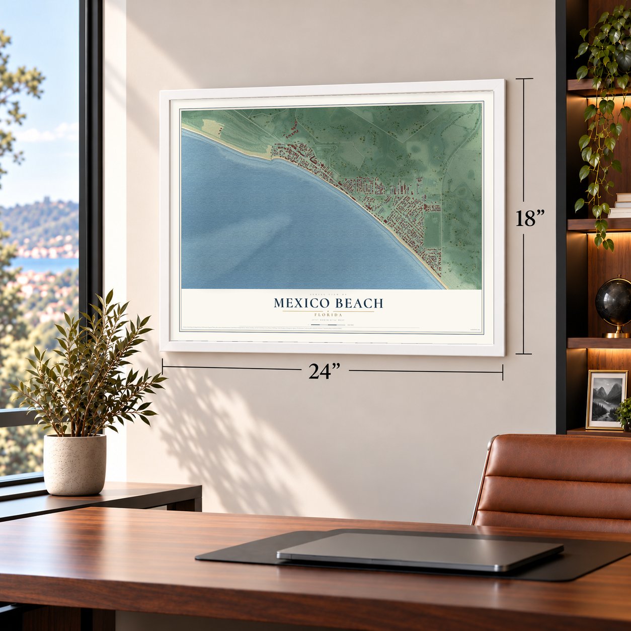 Mexico Beach, Florida map, 18 x 24 inch print in a white frame in a home office