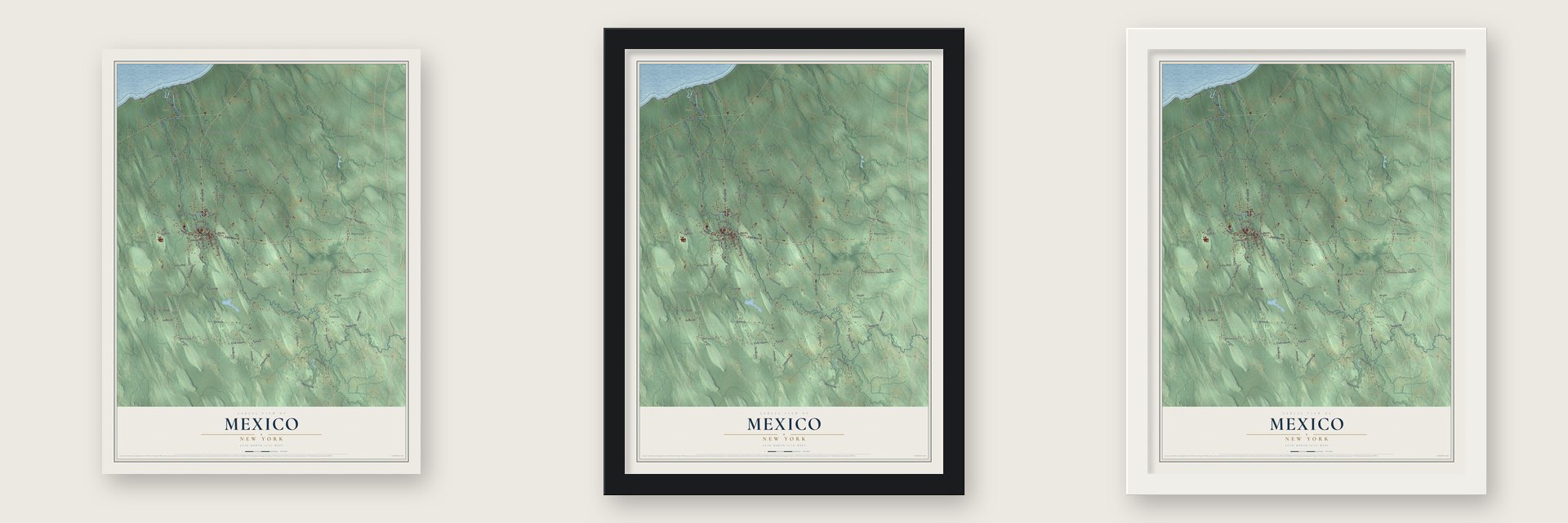Mexico, New York map unframed, in a black wood frame and in a white wood frame
