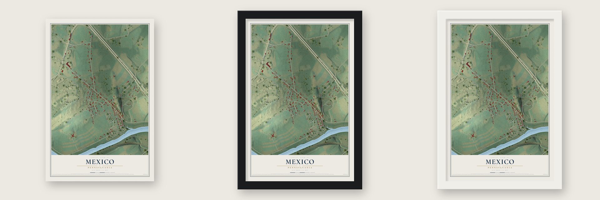Mexico, Pennsylvania map unframed, in a black wood frame and in a white wood frame