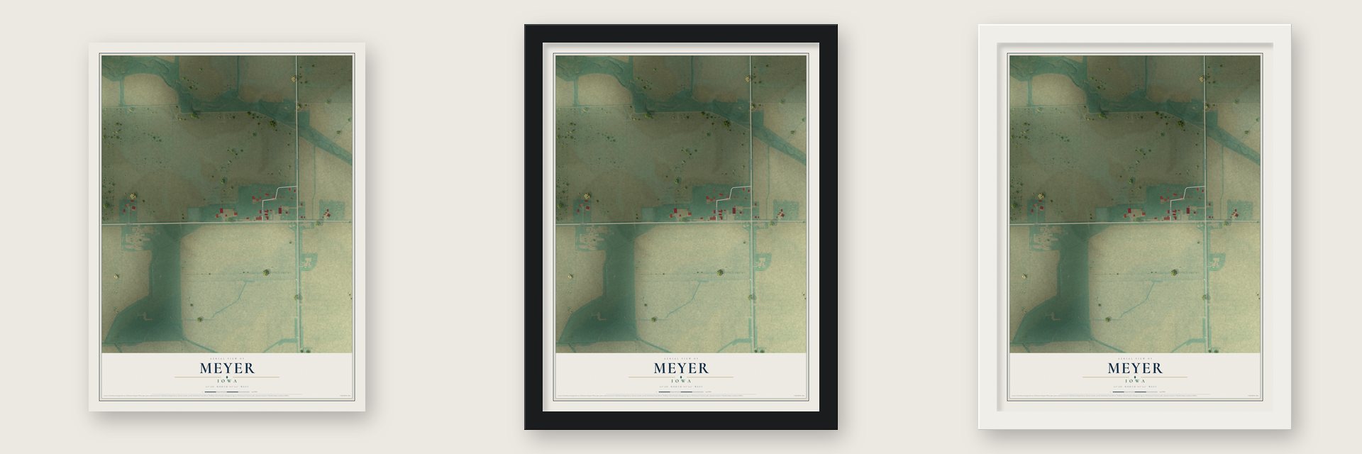 Meyer, Iowa map unframed, in a black wood frame and in a white wood frame