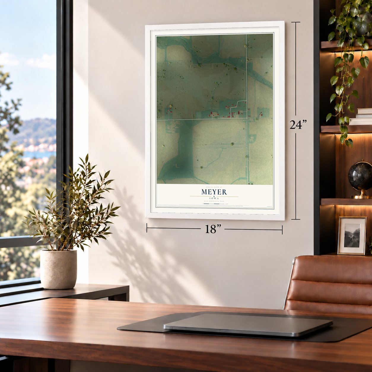 Meyer, Iowa map, 18 x 24 inch print in a white frame in a home office