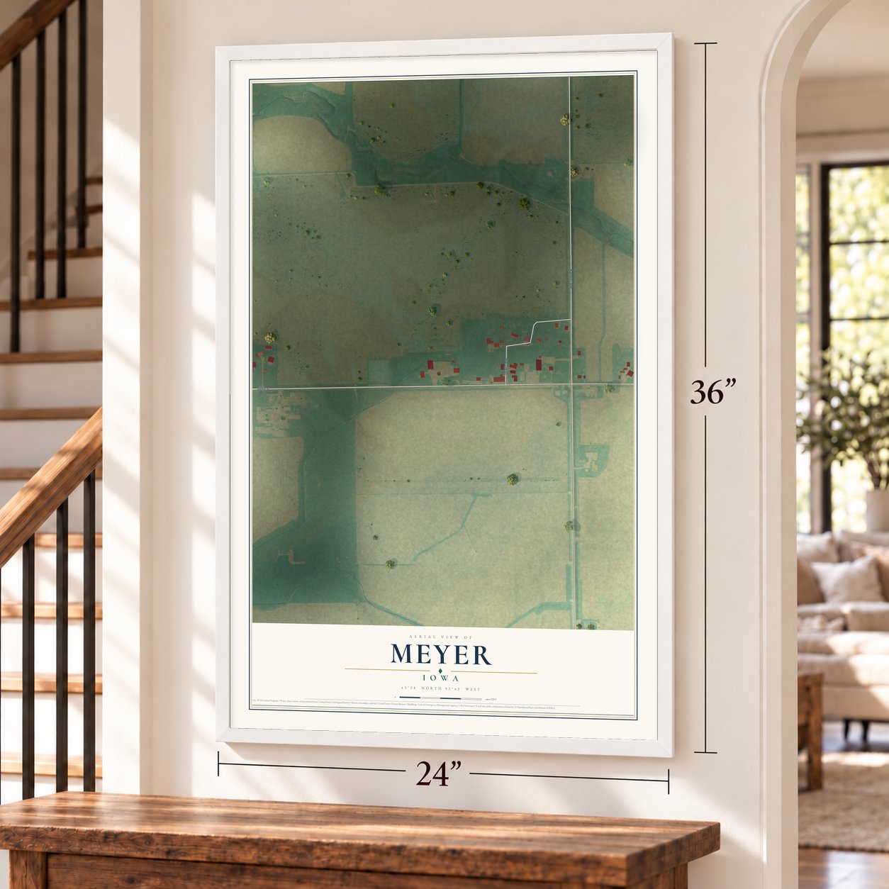 Meyer, Iowa map, 24 x 36 inch print in a white frame by a staircase