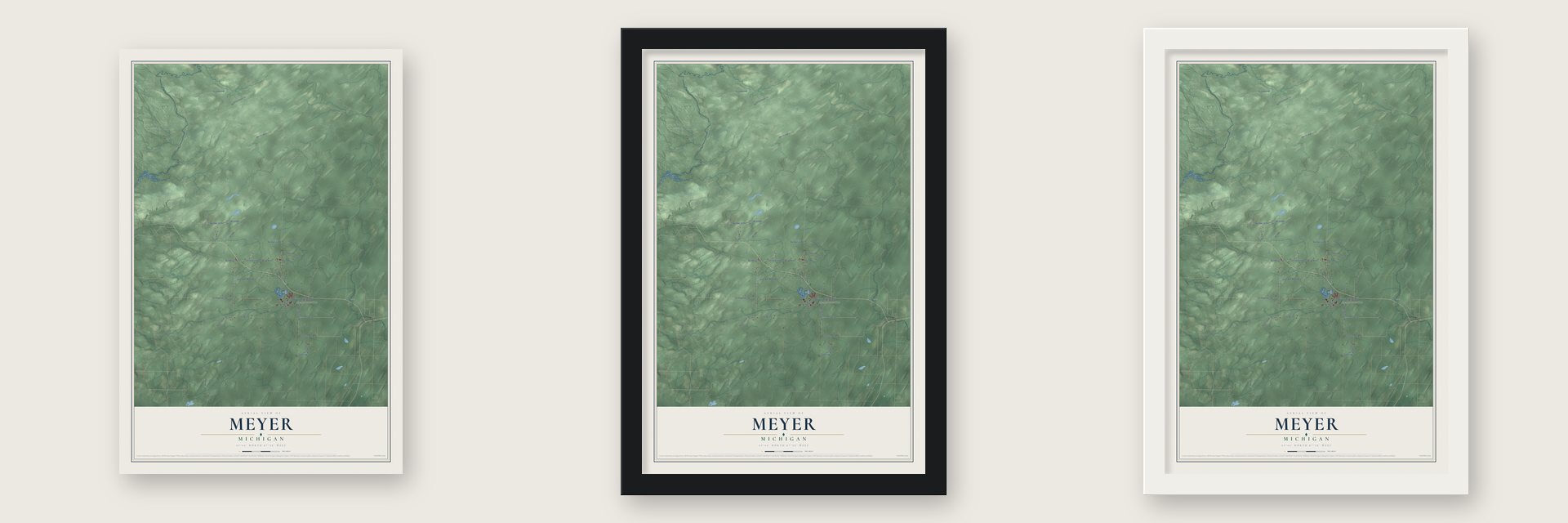Meyer, Michigan map unframed, in a black wood frame and in a white wood frame