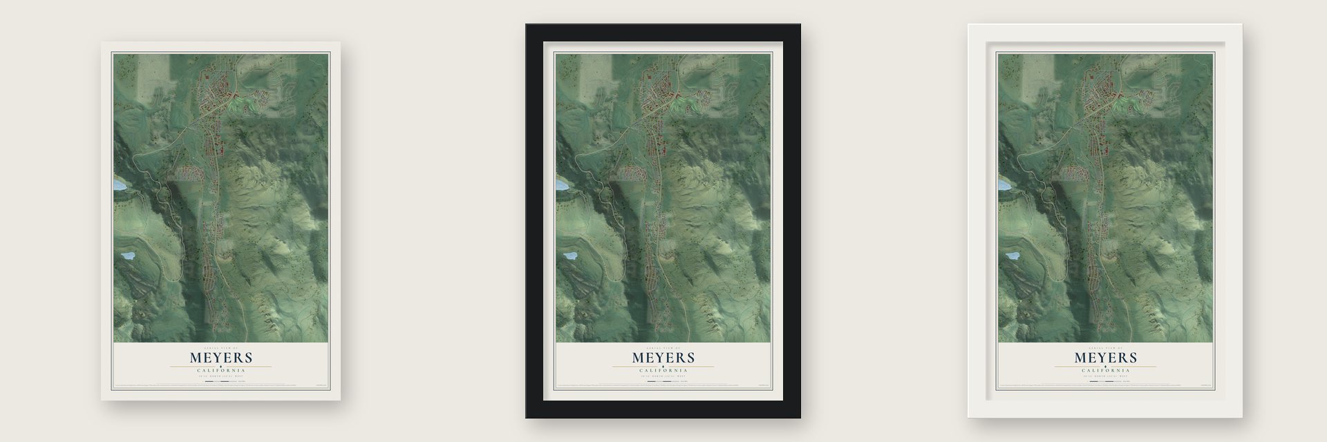 Meyers, California map unframed, in a black wood frame and in a white wood frame