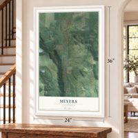 Meyers, California map, 24 x 36 inch print in a white frame by a staircase