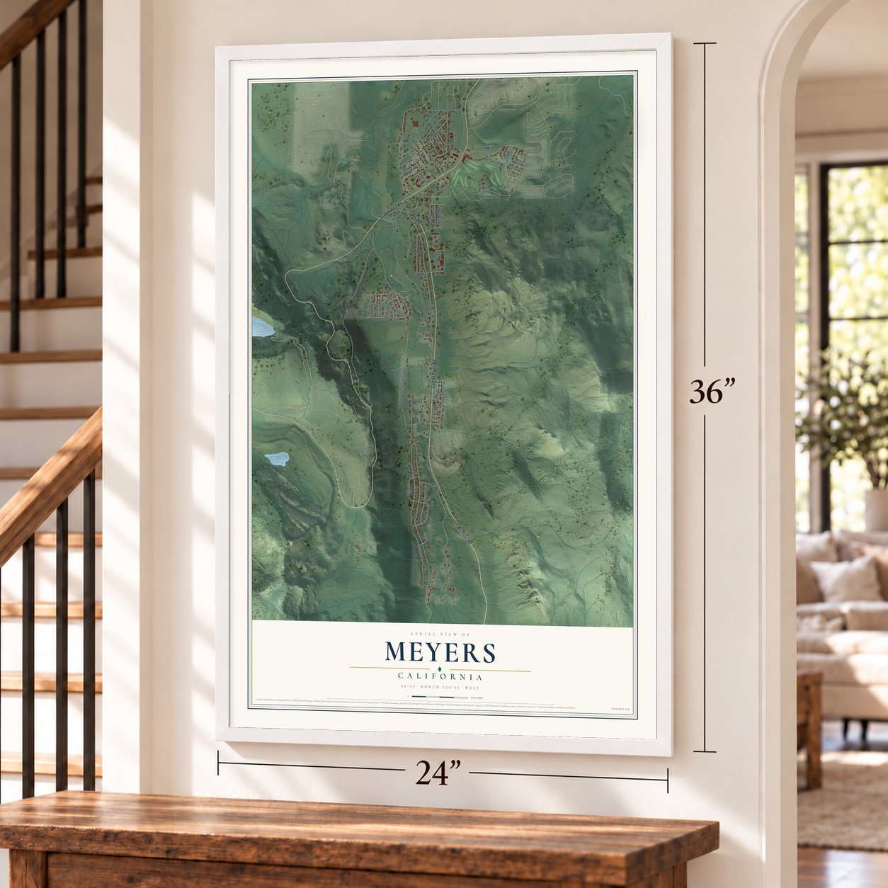 Meyers, California map, 24 x 36 inch print in a white frame by a staircase