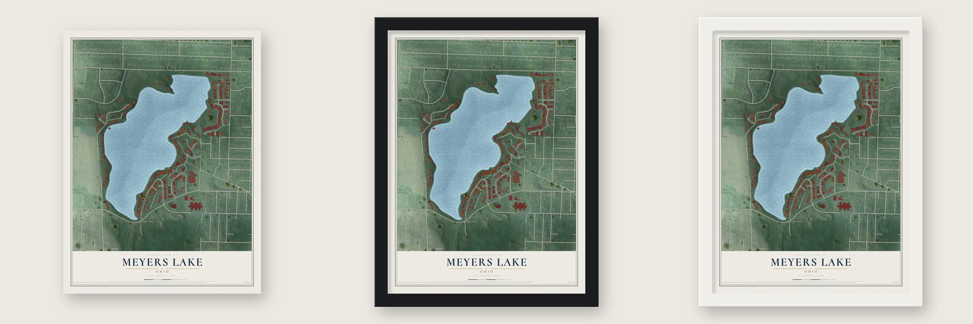 Meyers Lake, Ohio map unframed, in a black wood frame and in a white wood frame
