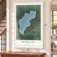 Meyers Lake, Ohio map, 24 x 36 inch print in a white frame by a staircase