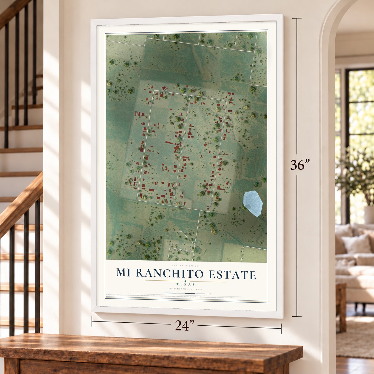 Mi Ranchito Estate, Texas map, 24 x 36 inch print in a white frame by a staircase