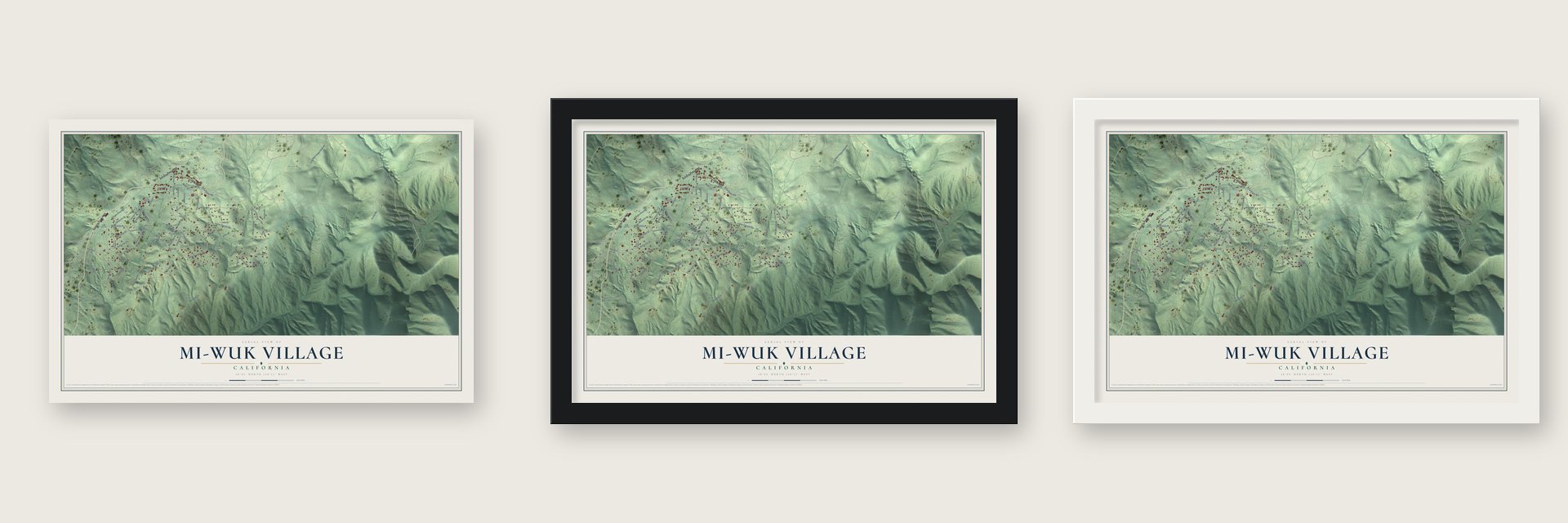 Mi-Wuk Village, California map unframed, in a black wood frame and in a white wood frame