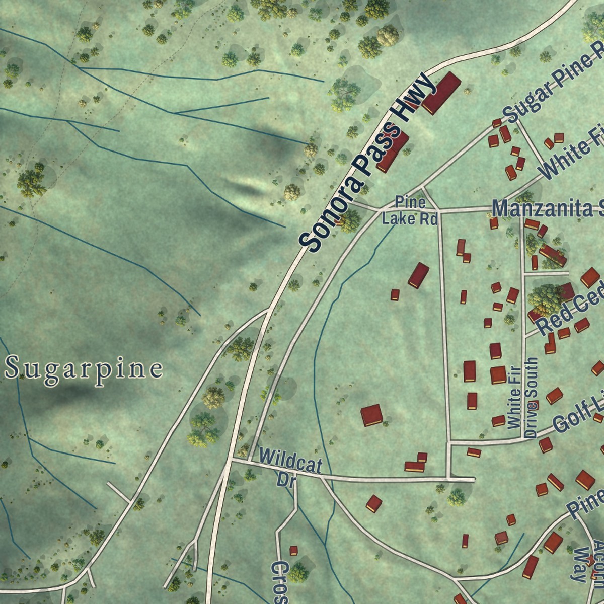 Second close-up of the map of Mi-Wuk Village, California print showing more streets and buildings